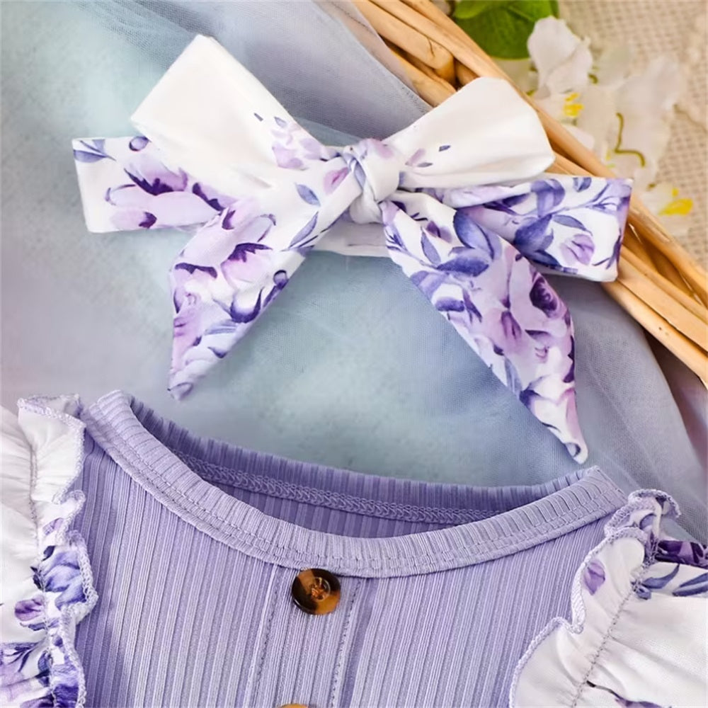 2PCS Purple Floral Print Bowknot Long Sleeve Baby Jumpsuit