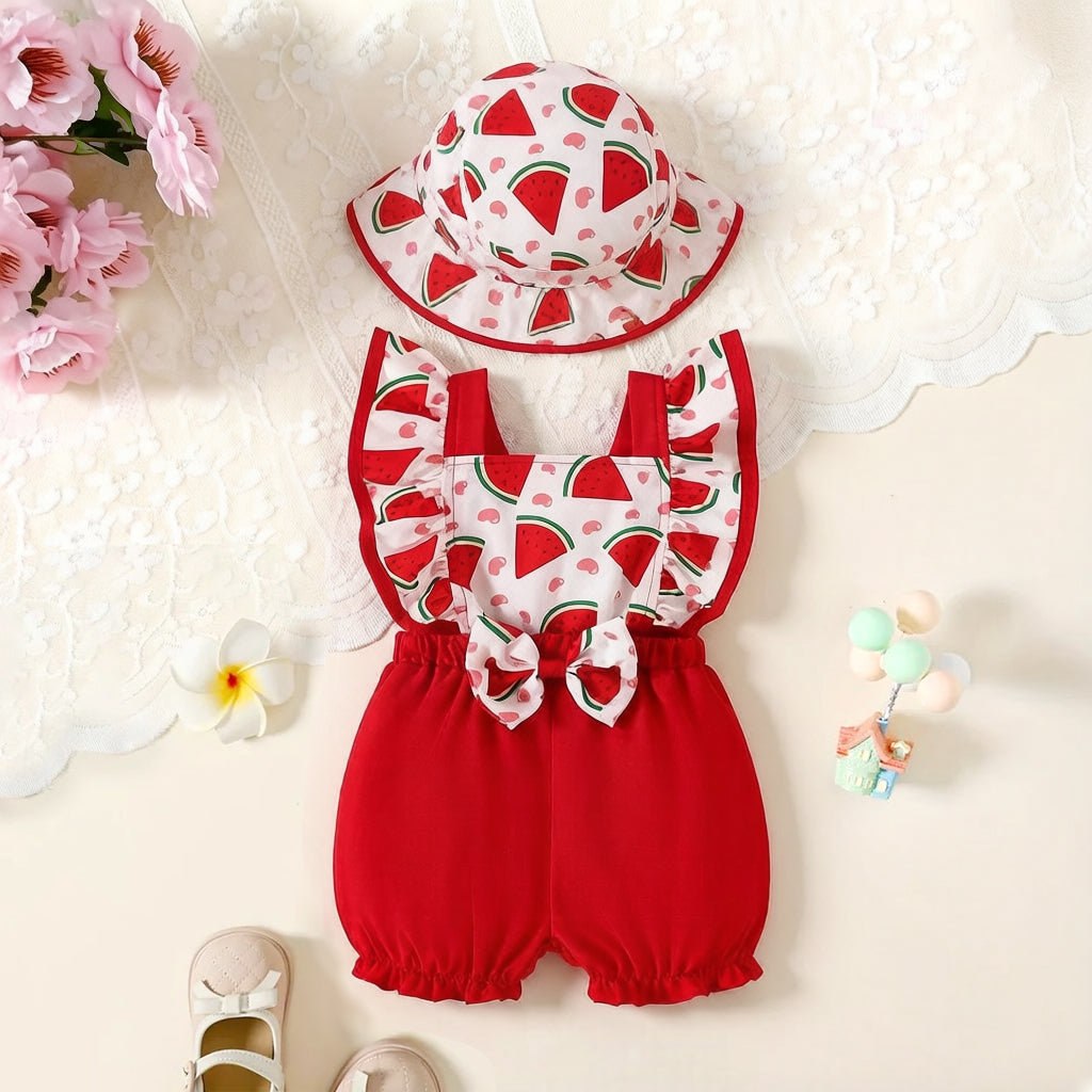 2PCS Cute Strawberry Print Flounce Sleeve Baby Girl Jumpsuit