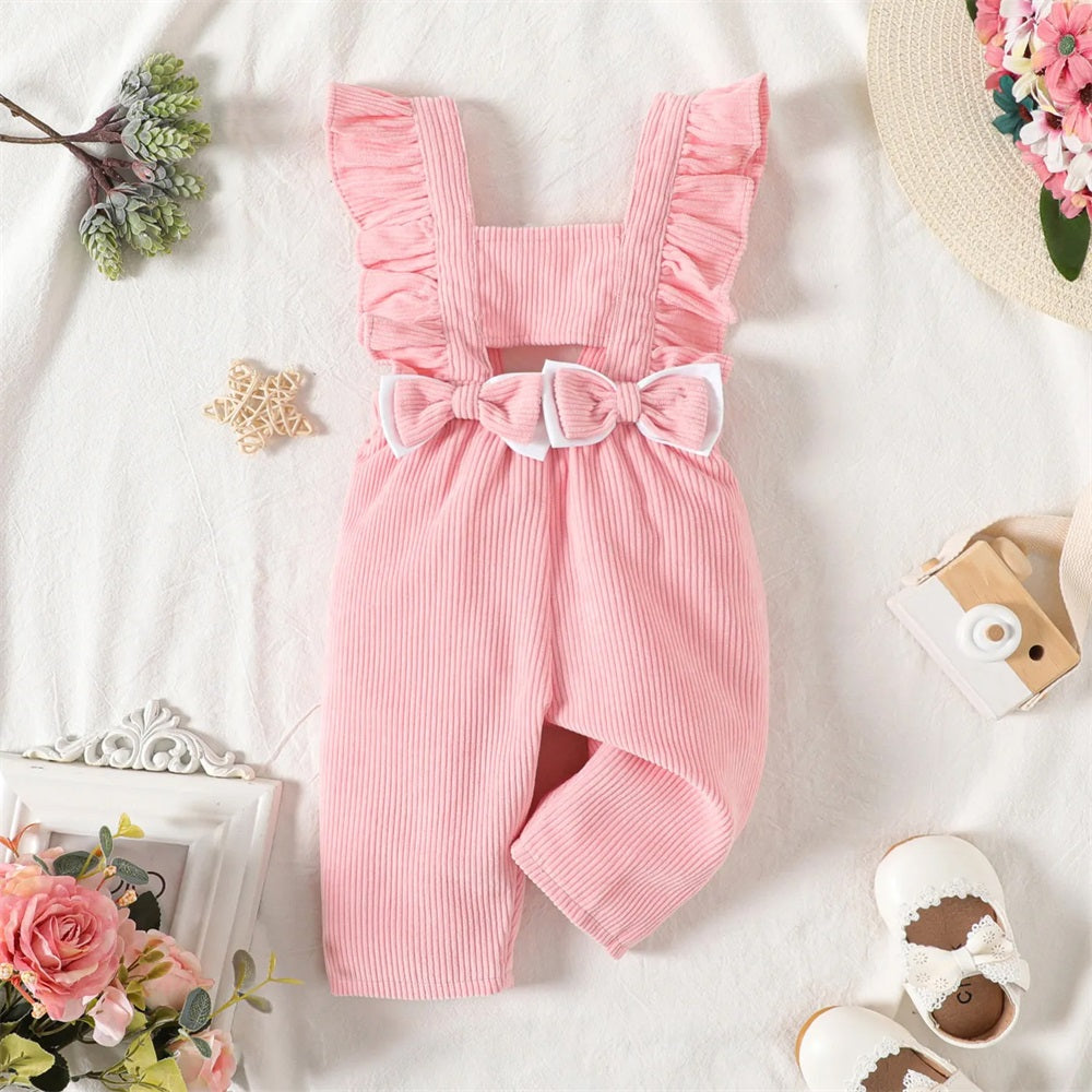Stylish Bow Front Solid Corduroy Ruffle Trim Baby Jumpsuit