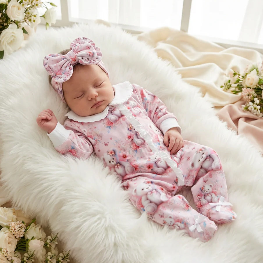 2PCS Lovely Teddy Bear & Floral Print Long Sleeve Baby Jumpsuit