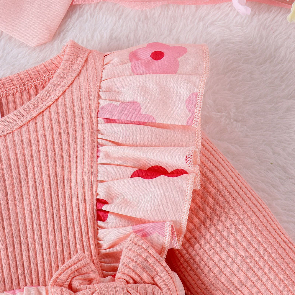 2PCS Adorable Floral Printed Bow Baby Girl Romper