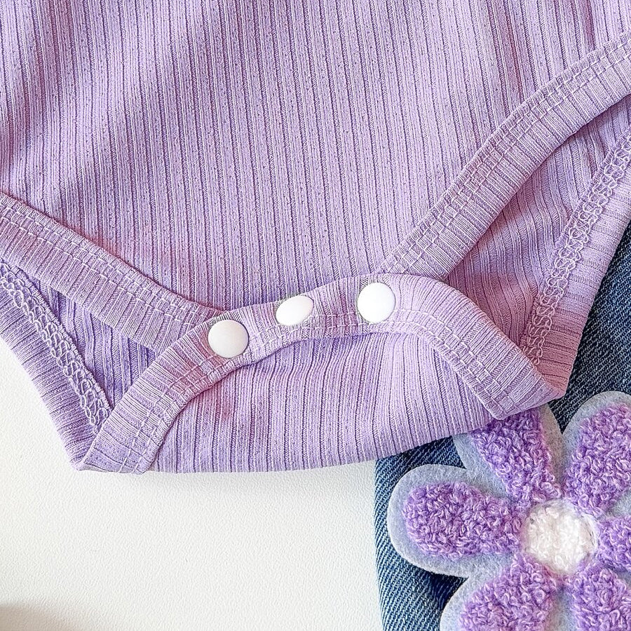 2PCS Pretty Floral Applique Long Sleeve Baby Girl Denim Set