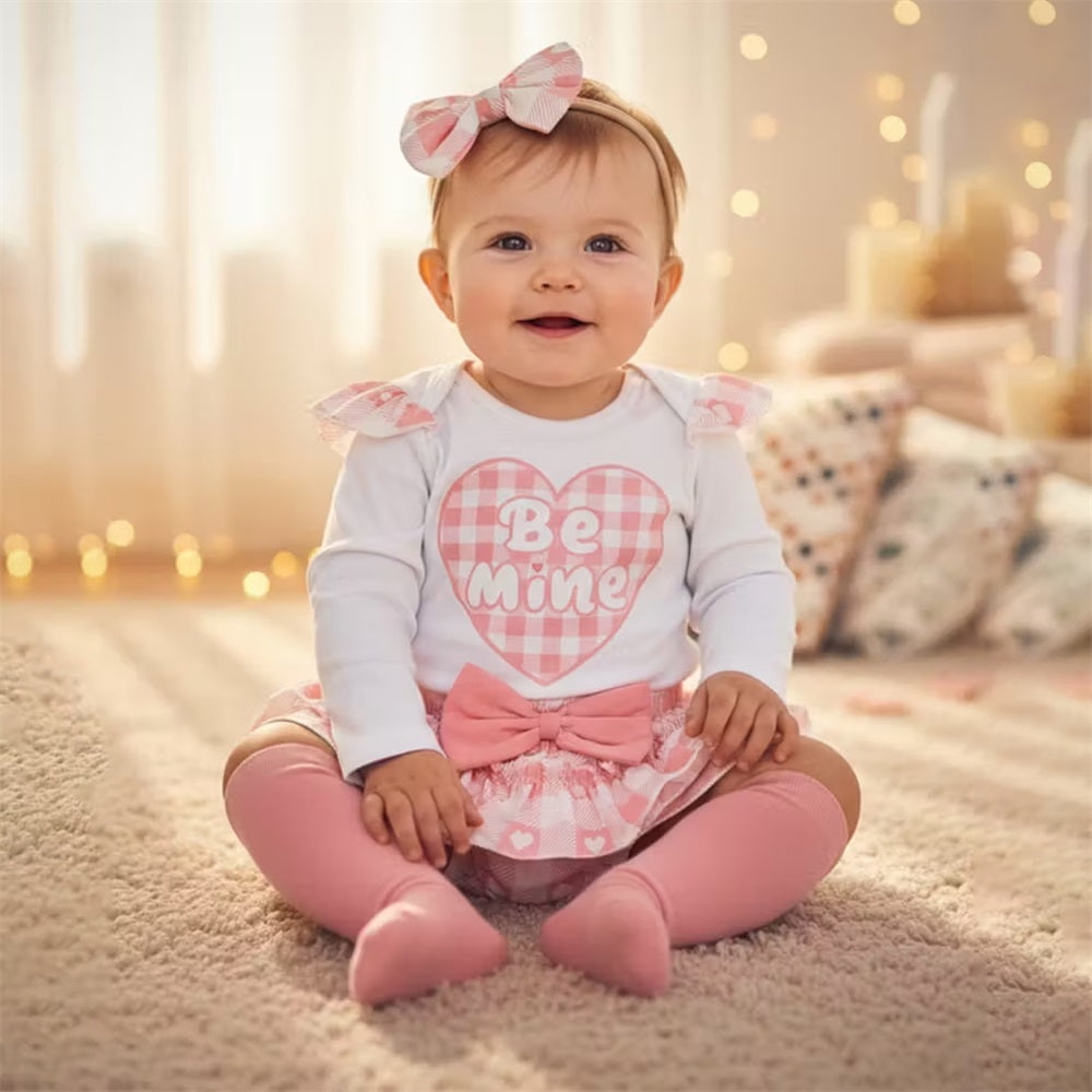 4PCS Be Mine Heart Print Plaid Long Sleeve Baby Set