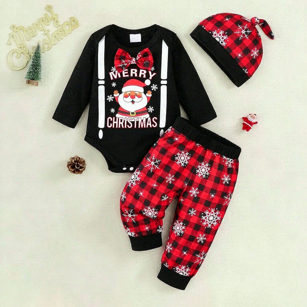 3PCS Dapper My 1st Christmas Letter Santa Plaid Print Baby Boy Set