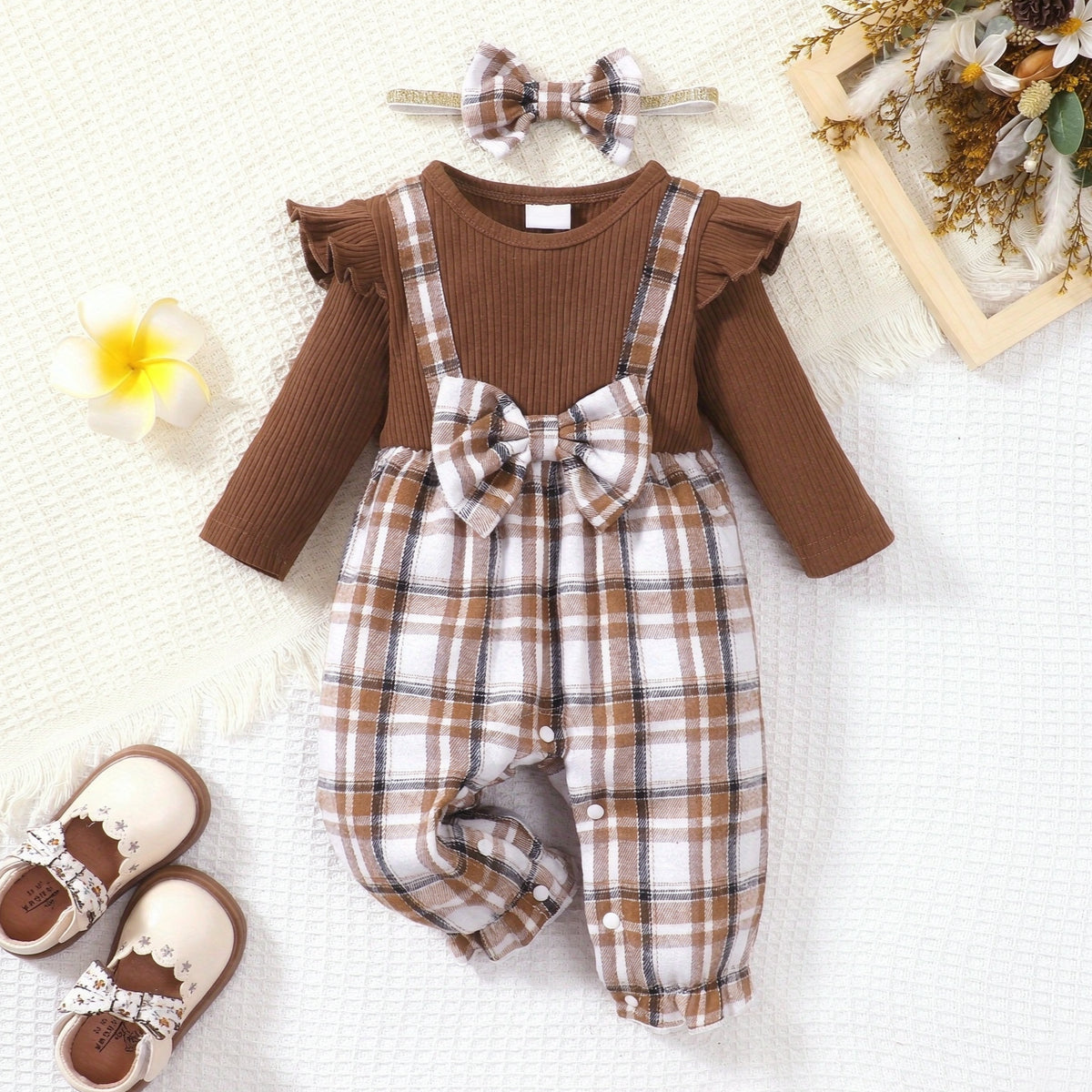 2PCS Vintage Plaid Print Faux Two Piece Long Sleeve Baby Girl Jumpsuit