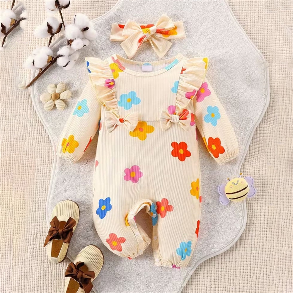 2PCS Cute Floral Print Long Sleeve Baby Jumpsuit