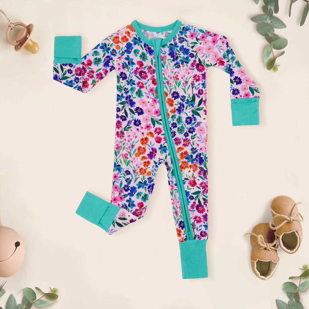 Charming Floral Printed Zipper Bamboo Viscose Baby Jumpsuit