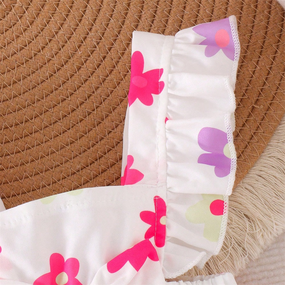 Casual Floral Printed Flounce Sleeve Baby Romper