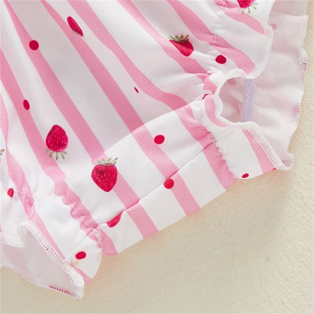 2PCS Sweet Strawberry Print Striped Sleeveless Baby Set