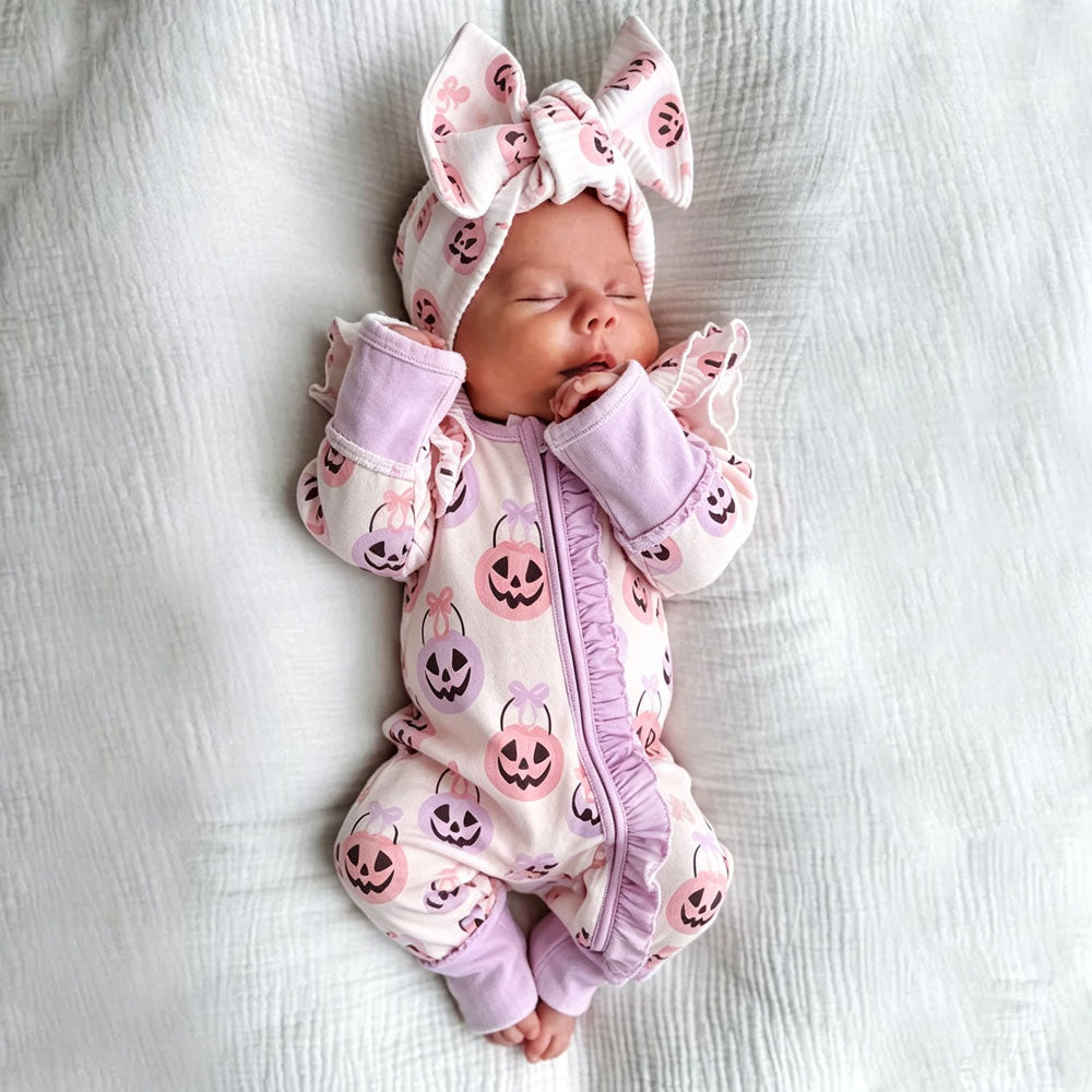 2PCS Halloween Pumpkin Bow Printed Long Sleeve Zipper Baby Jumpsuit