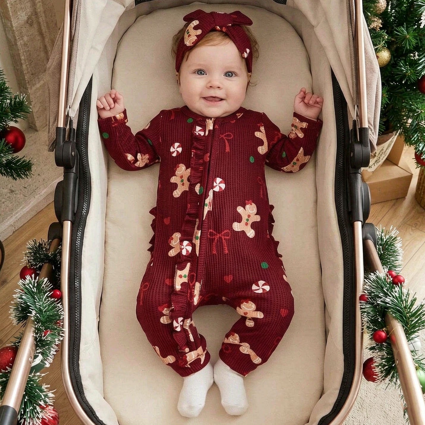 2PCS Cute Christmas Gingerbread Printed Long Sleeve Baby Jumpsuit