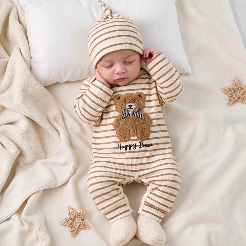 2PCS Cute Bear Applique Stripe Printed Long Sleeve Baby Jumpsuit