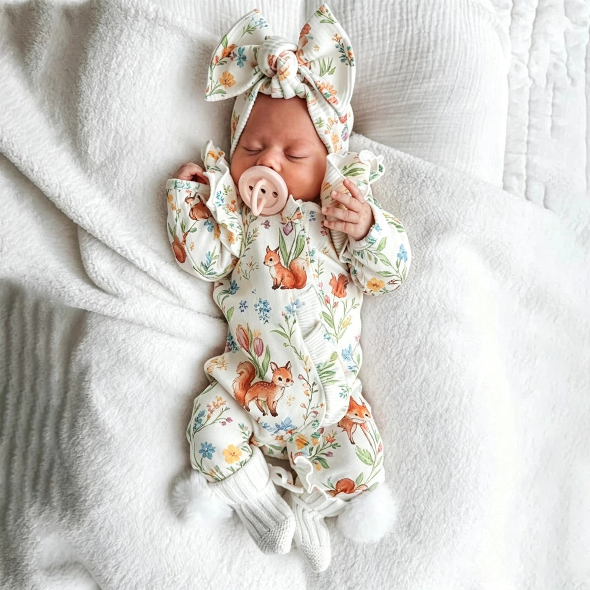 2PCS Cute Squirrel and Floral Print Zipper Long Sleeve Baby Jumpsuit
