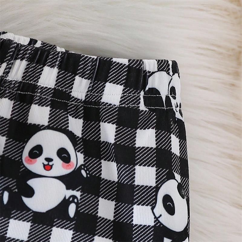 3PCS Play with Me Letter Panda Print Plaid Long Sleeve Baby Set