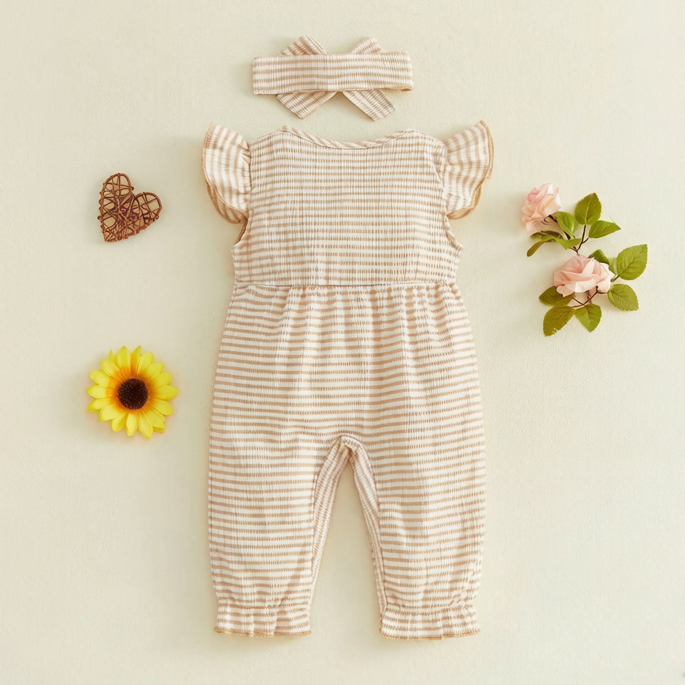 2PCS Stripe Printed Flutter Sleeve Baby Jumpsuit