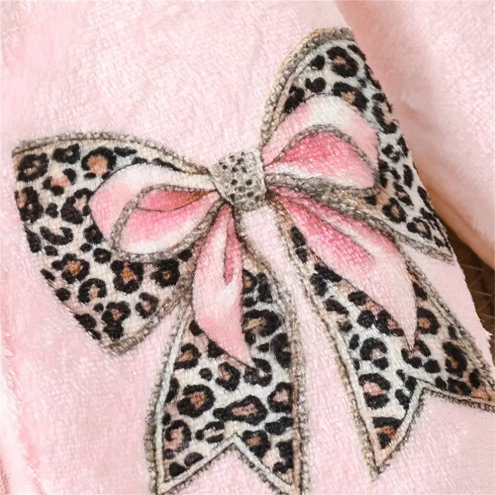 Pink Leopard Bow Print Hooded Long Sleeve Plush Baby Jumpsuit