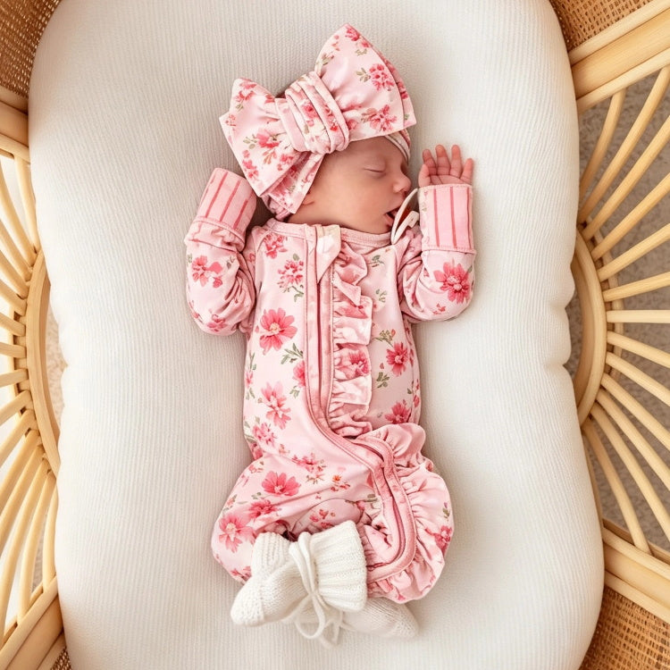 2PCS Classy Floral Print Ruffle Zipper Long Sleeve Baby Jumpsuit