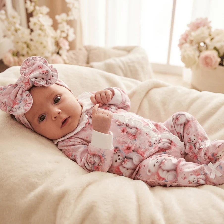 2PCS Lovely Teddy Bear Floral Print Long Sleeve Baby Jumpsuit