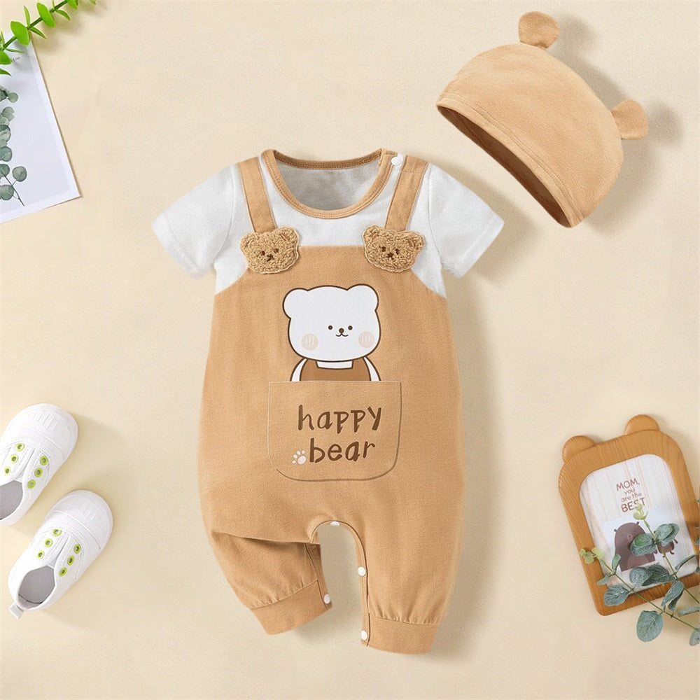2PCS Casual Cute Bear Printed Short Sleeve Baby Jumpsuit