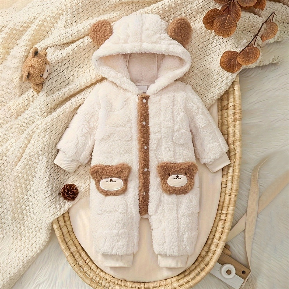 Winter Cute Cartoon Bear Pattern Hooded Long Sleeve Baby Jumpsuit