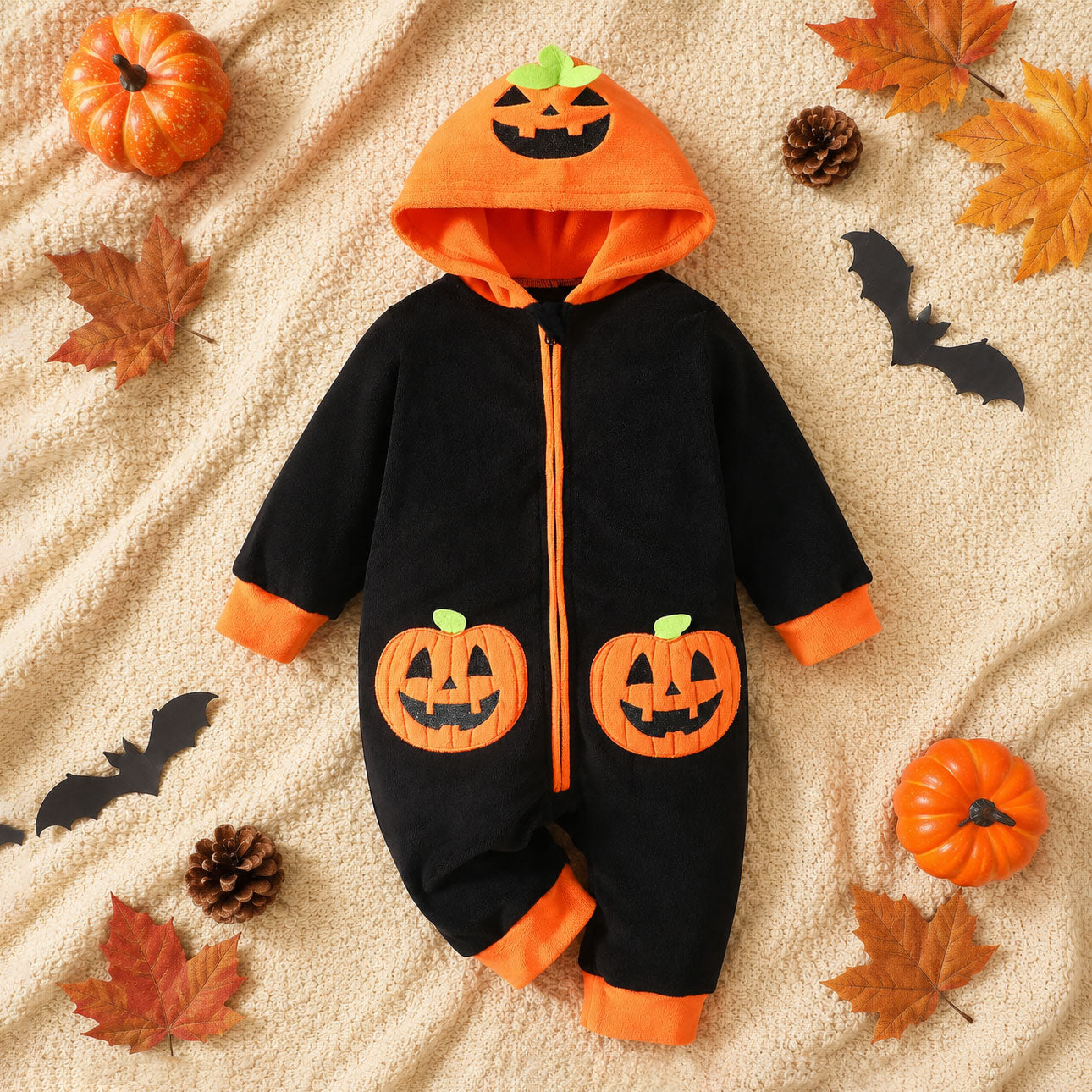 Halloween Pumpkin Embroidery Long Sleeve Fuzzy Hoodie Baby Jumpsuit