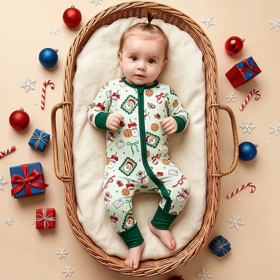 Santa Claus Christmas Elements Printed Baby Zipper Jumpsuit