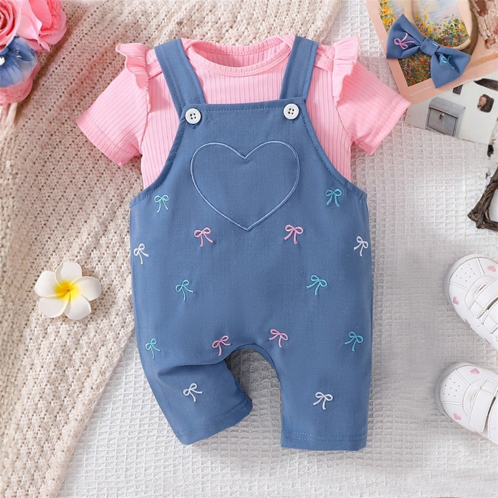 2PCS Sweet Bow Printed Short Sleeve Baby Overalls Set