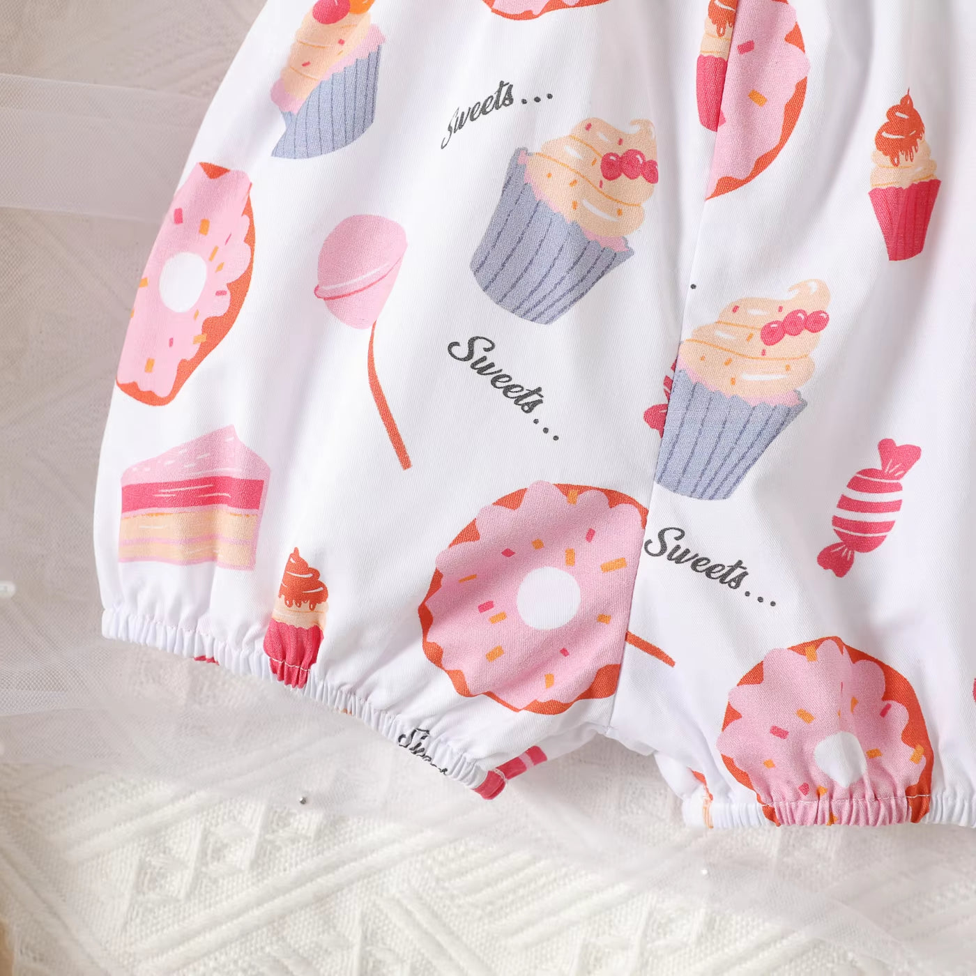 Sweet Letter Cake & Donut Printed Flounce Sleeve Baby Jumpsuit