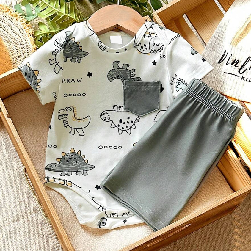 2PCS Athleisure Dinosaur Printed Short Sleeve Baby Boy Set