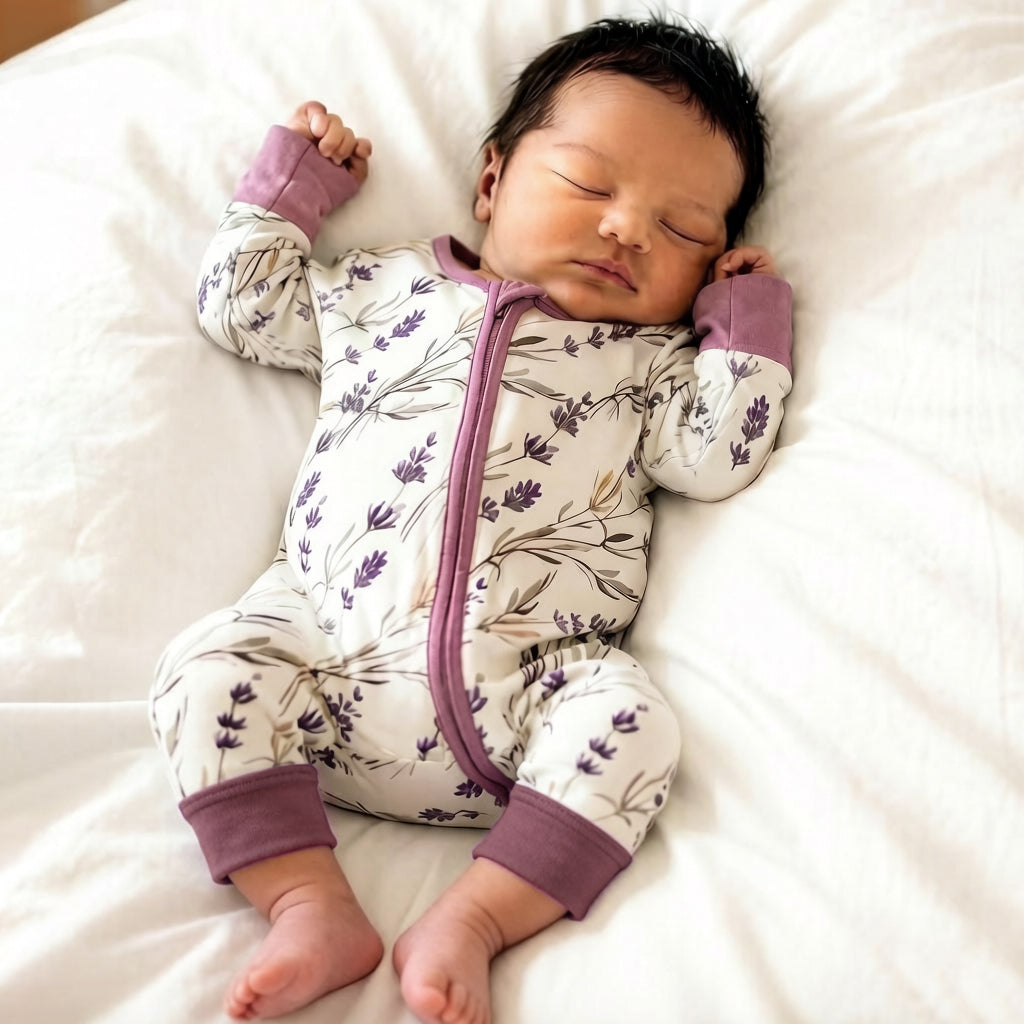 Classy Lavender Printed Zipper Long Sleeve Baby Jumpsuit
