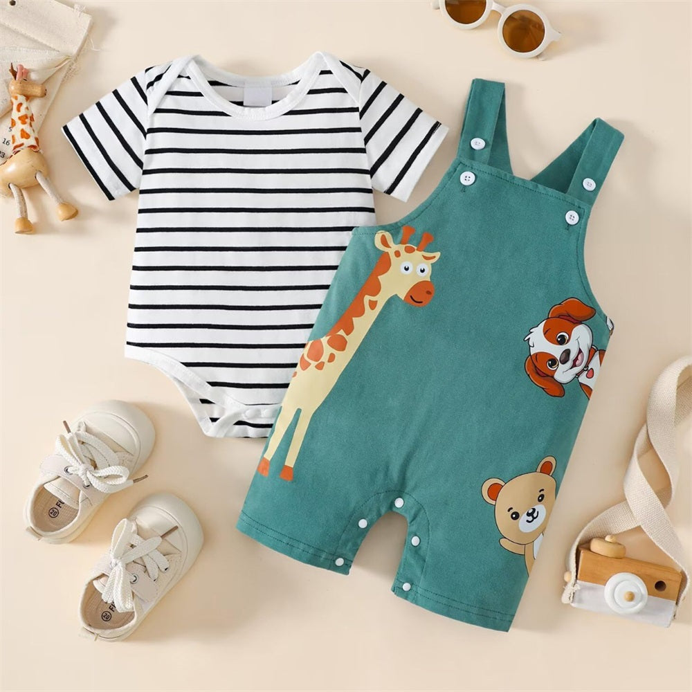 2PCS Cute Animal Printed Striped Short Sleeve Baby Overalls Set