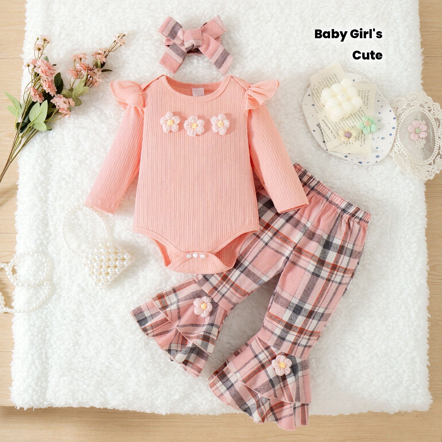 3PCS Cute Floral Appliqué Plaid Printed Long Sleeve Baby Set
