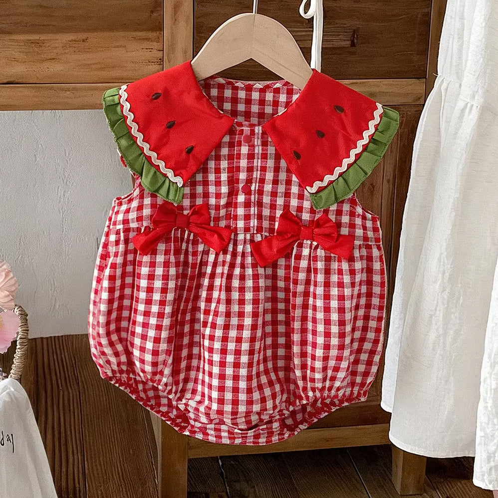 Cute 3D Watermelon Slice Collar Plaid Print Sleeveless Baby Romper