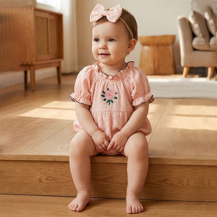 2PCS Lovely Floral Embroidery Short Sleeve Baby Romper