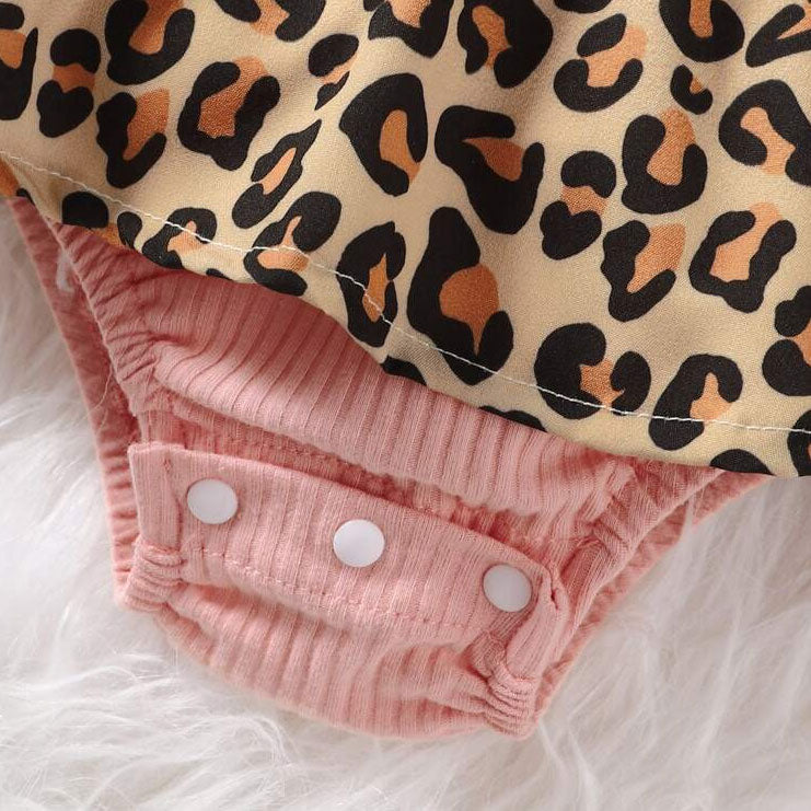2PCS Sweet Color-Blocked Leopard Printed Long Sleeve Baby Romper