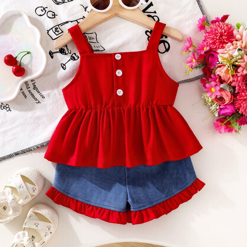 2PCS Grace Color Blocking Bow Sleeveless Denim Baby Set