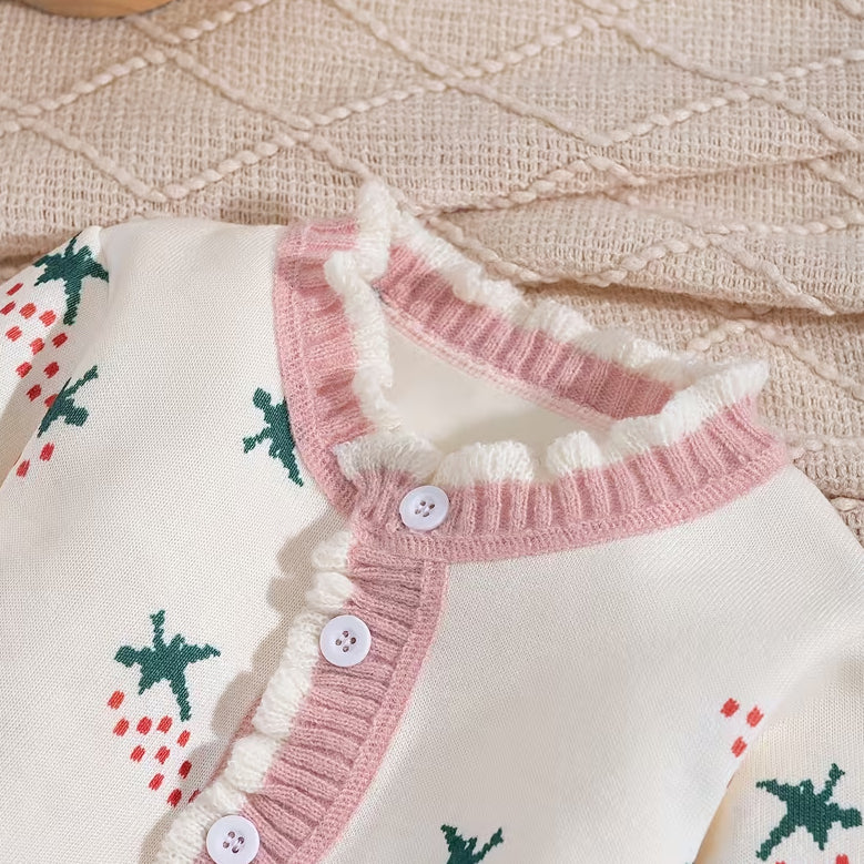 Lovely Strawberry Print Knit Long Sleeve Baby Girl Jumpsuit