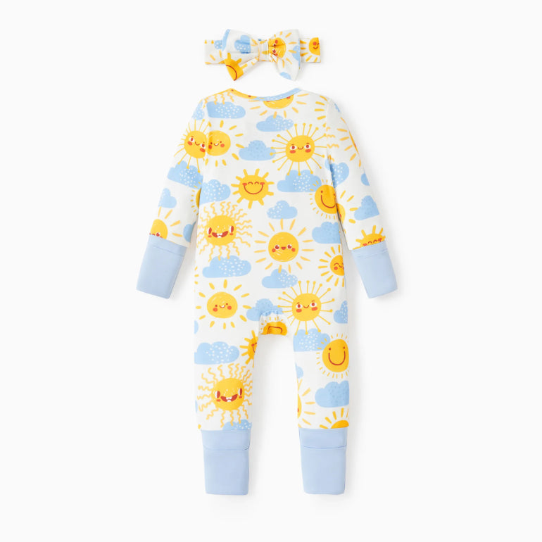 2PCS Sun Cloud Printed Zipper Bamboo Viscose Baby Jumpsuit