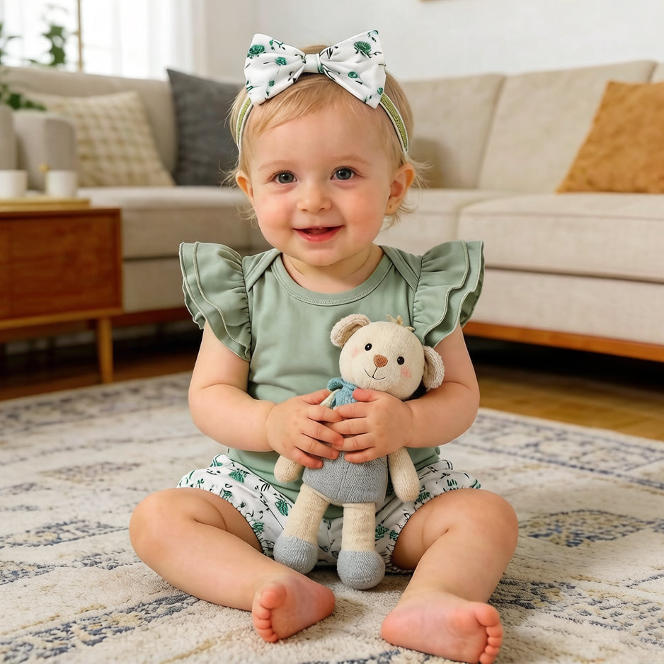 3PCS Fresh Floral Printed Bowknot Flounce Sleeve Baby Set