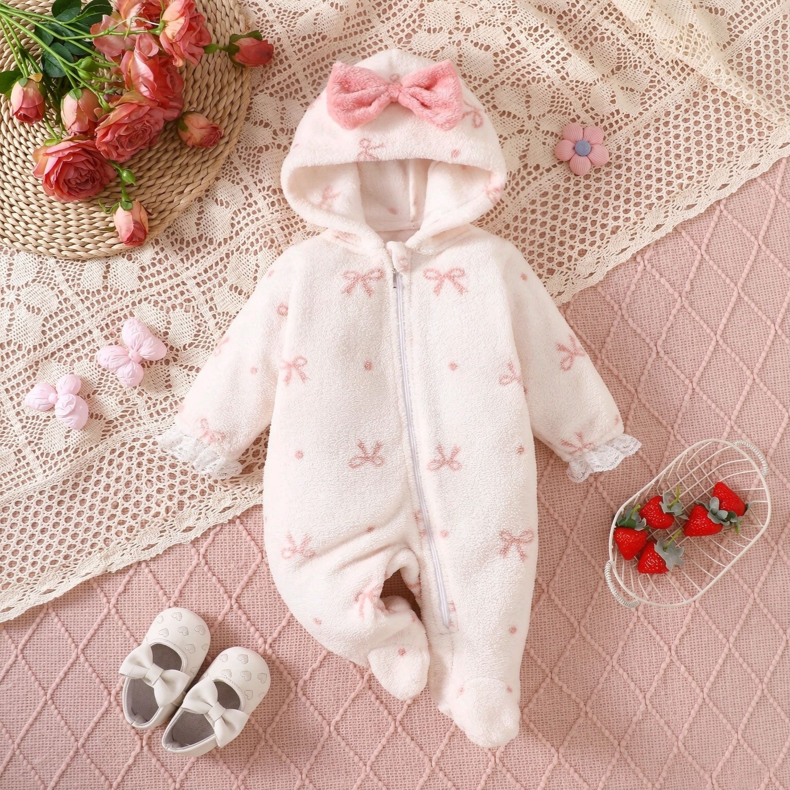 Grace Bow Printed Fuzzy Hoodie Zipper Baby Girl Jumpsuit