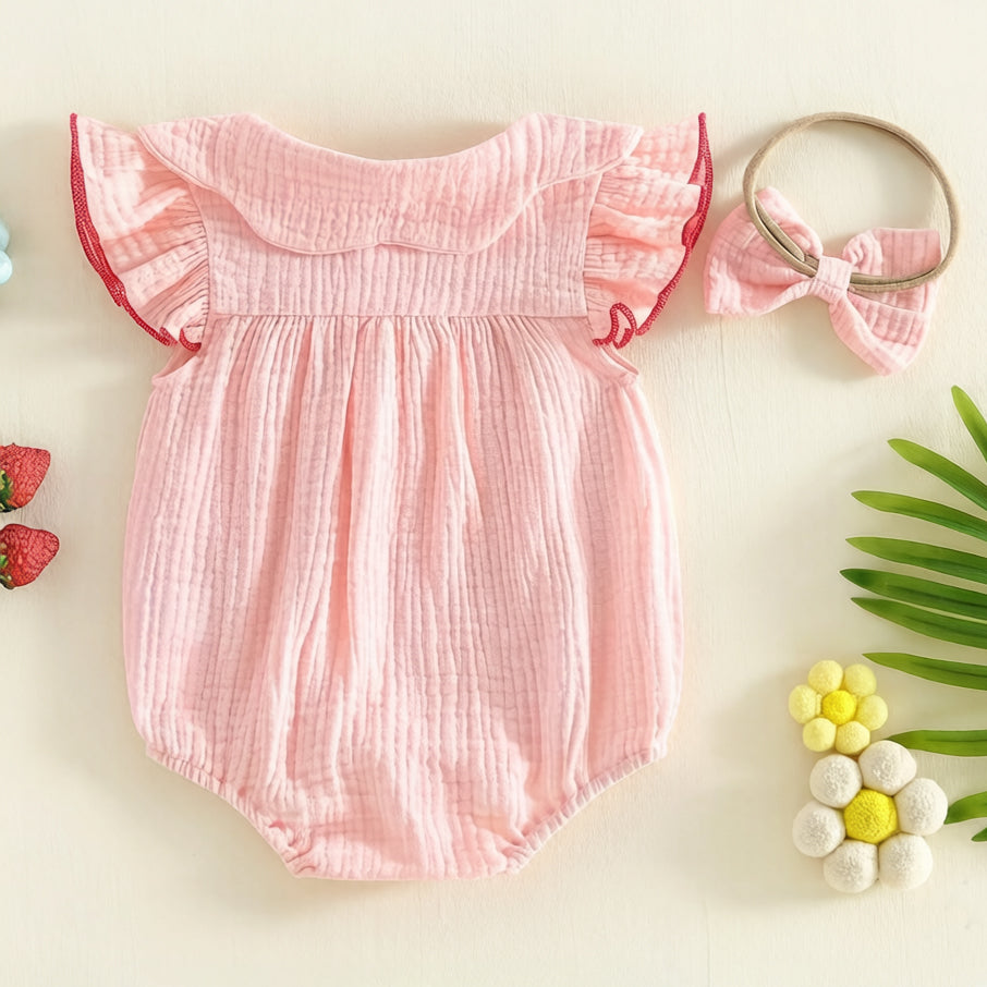 2PCS Lovely Strawberry Embroidery Flounce Sleeve Baby Romper