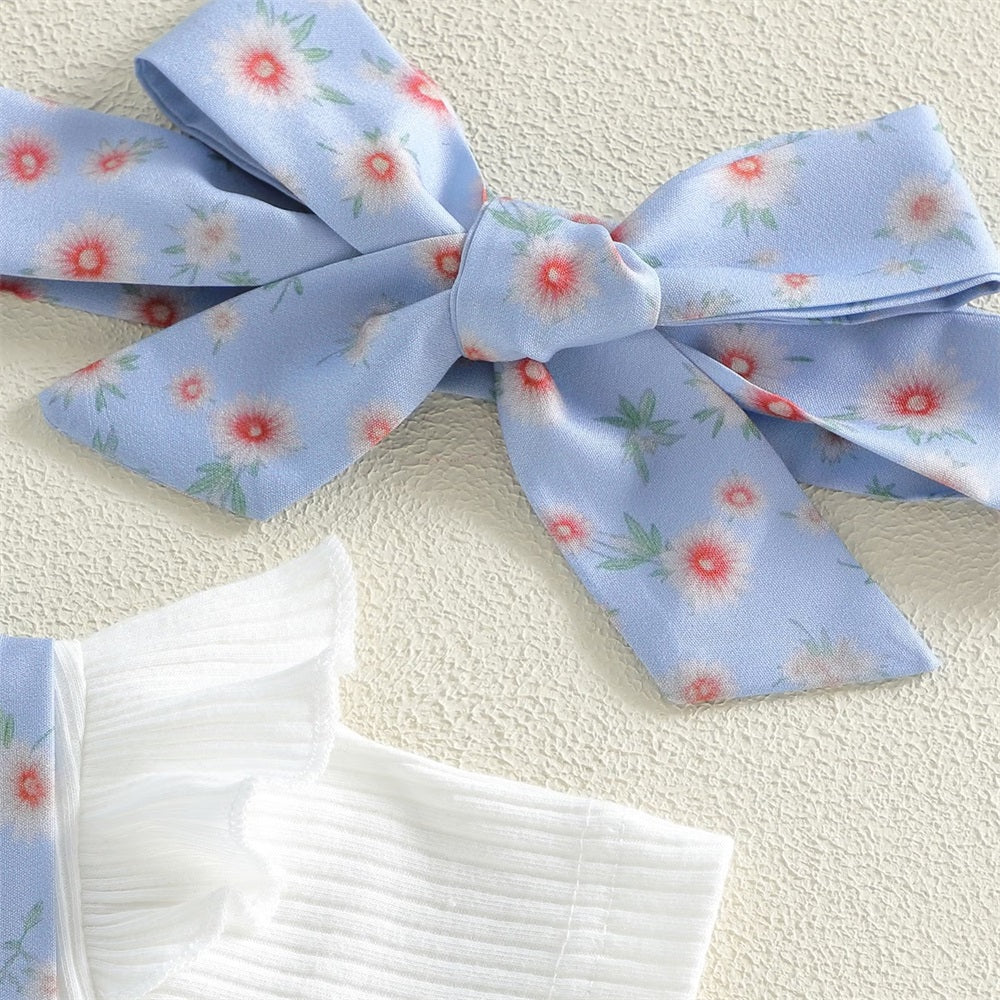 2PCS Adorable Floral Printed Bow Short Sleeve Baby Jumpsuit