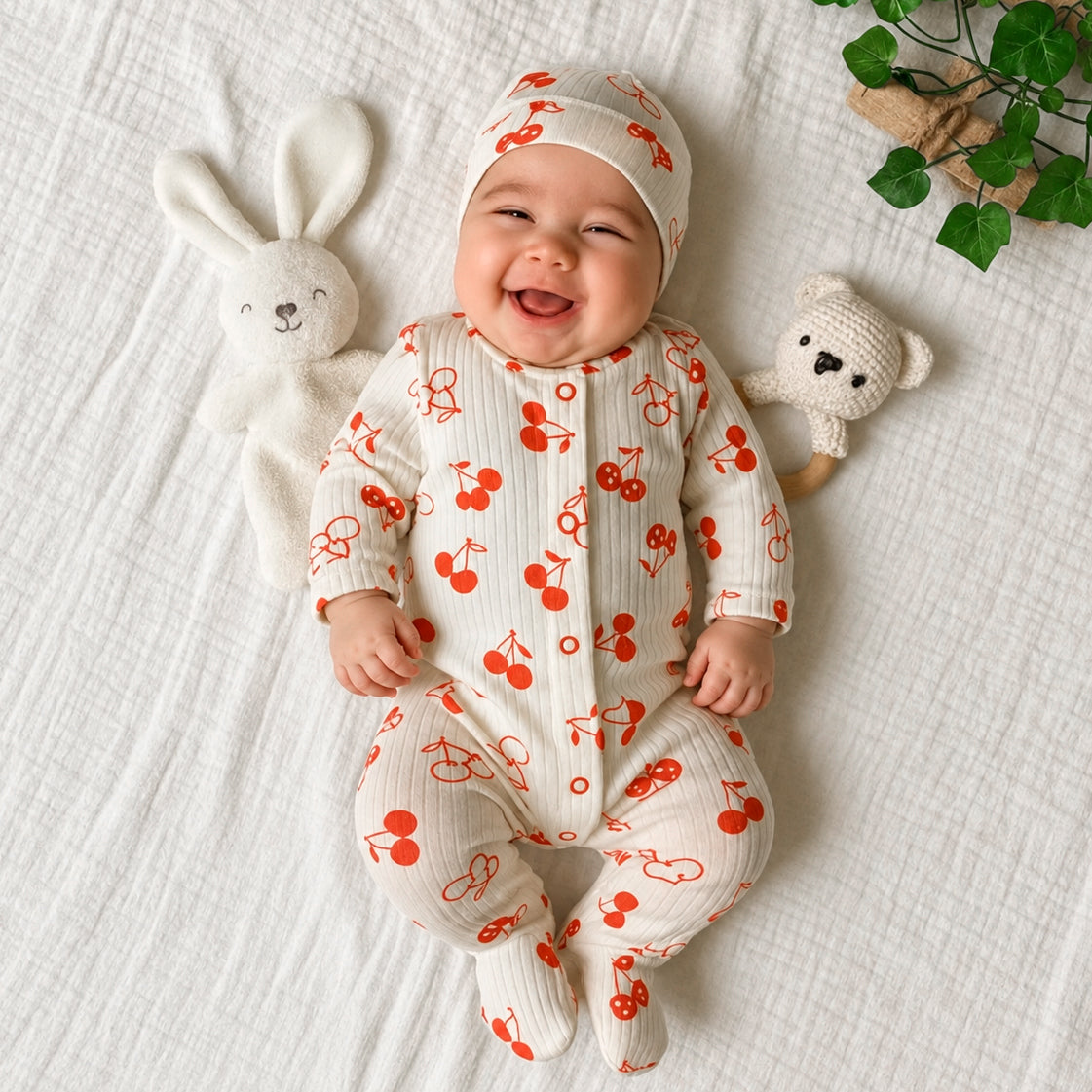 2PCS Allover Cherry Printed Long Sleeve Baby Jumpsuit