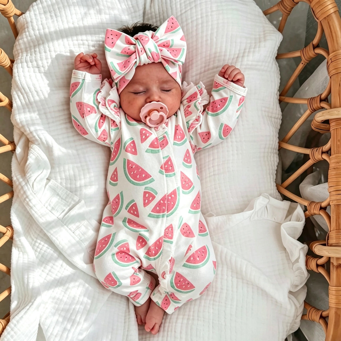 2PCS Cute Watermelon Printed Long Sleeve Zipper Baby Jumpsuit