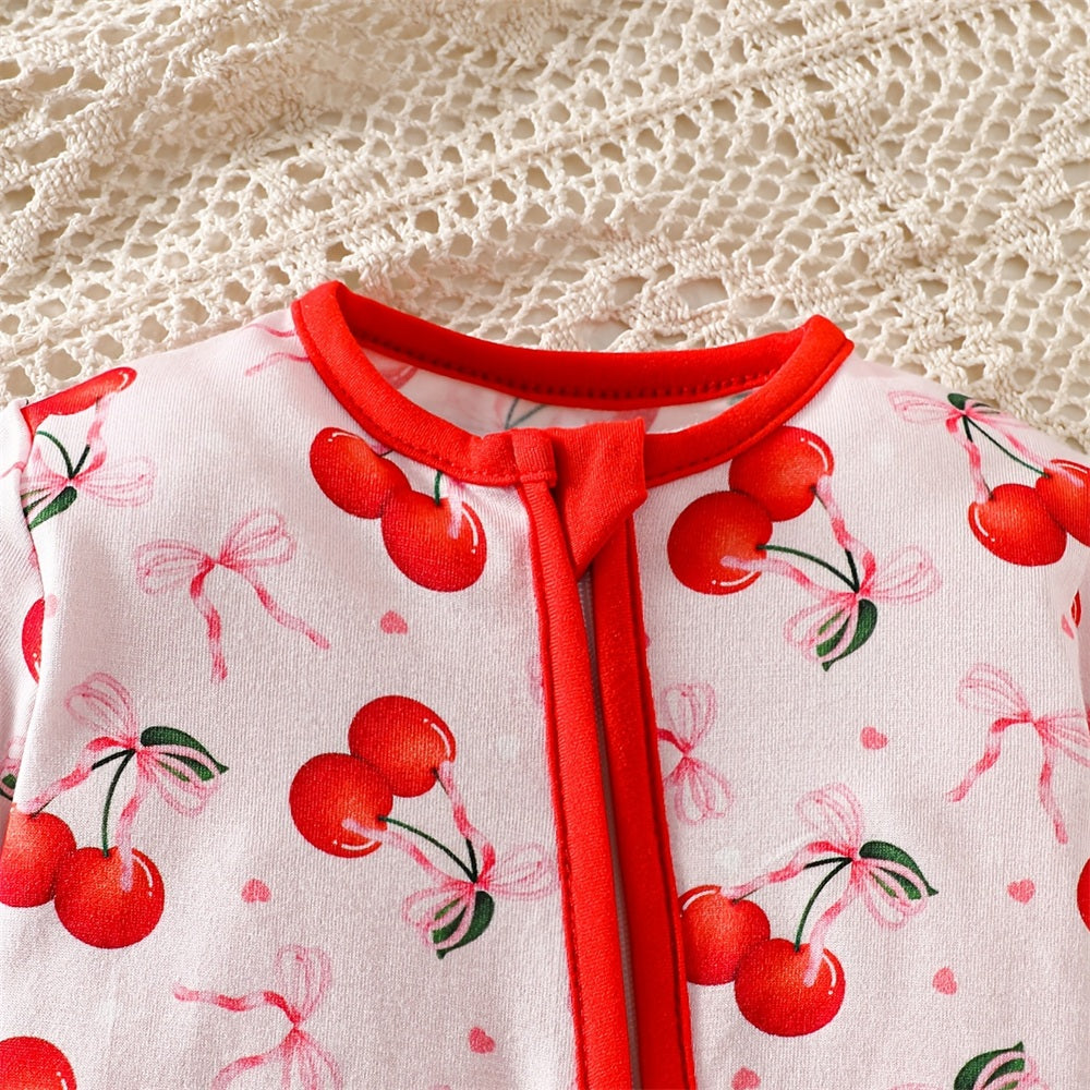 Vibrant Cherry Bow Printed Long Sleeve Zipper Baby Jumpsuit