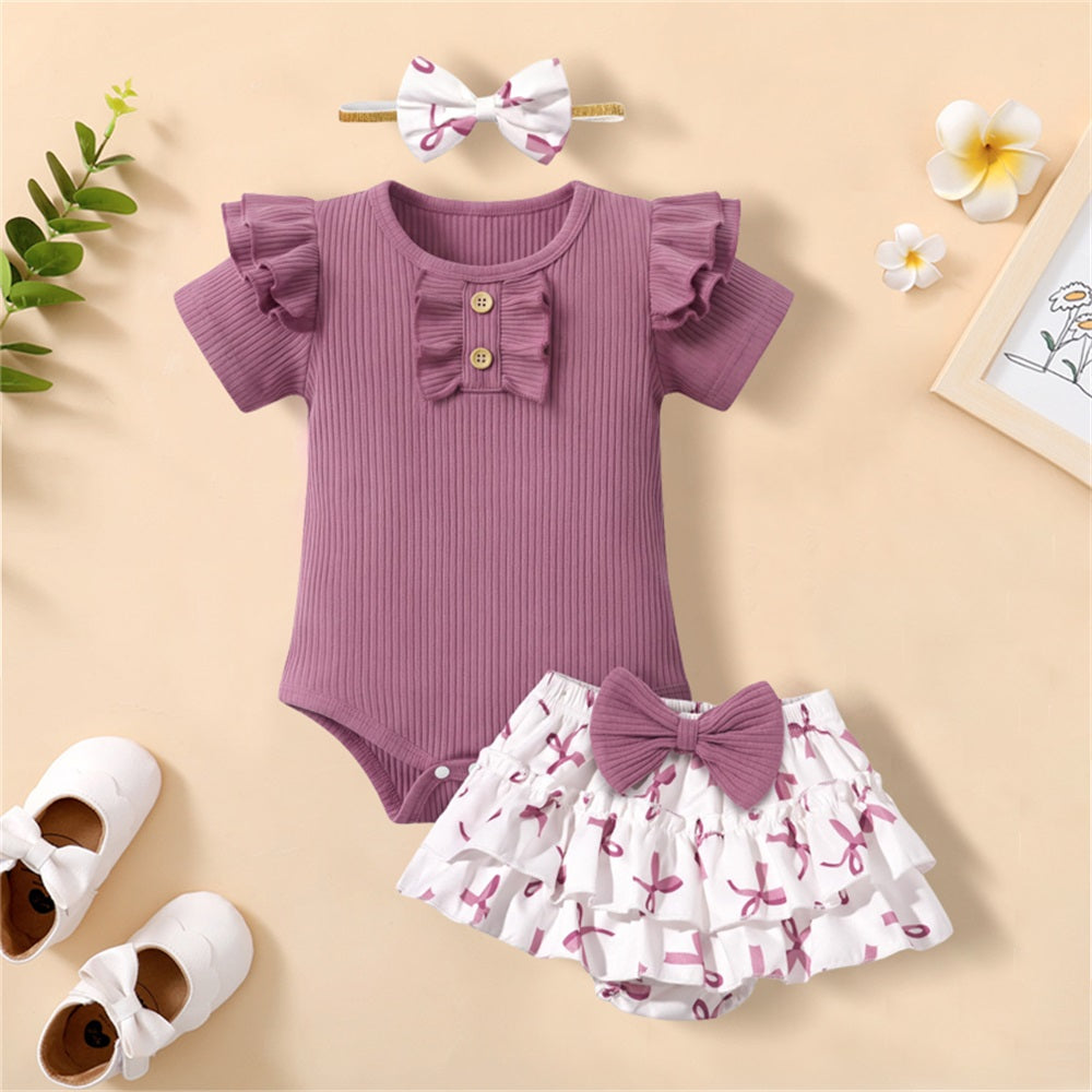 3PCS Summer Bow Printed Short Sleeve Baby Set