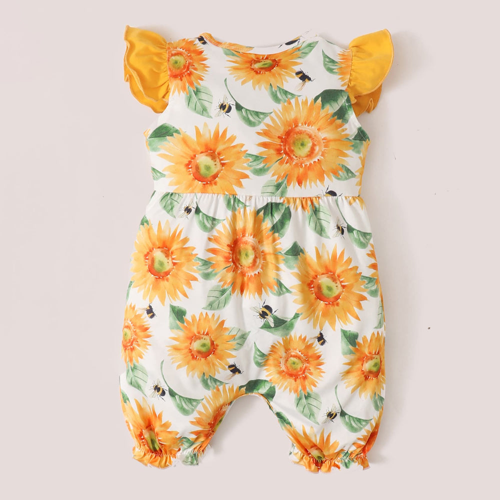 Lovely Sunflower Print Bow Flutter Sleeve Baby Jumpsuit