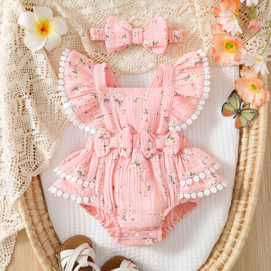 2PCS Pretty Floral Printed Bow Flounce Sleeve Baby Romper