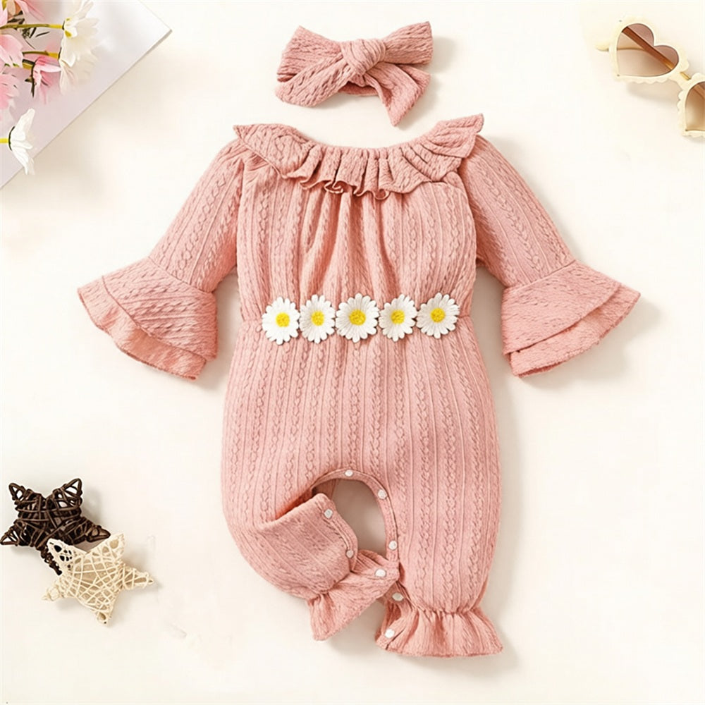 2PCS Lovely Solid Color Floral Appliqué Baby Jumpsuit