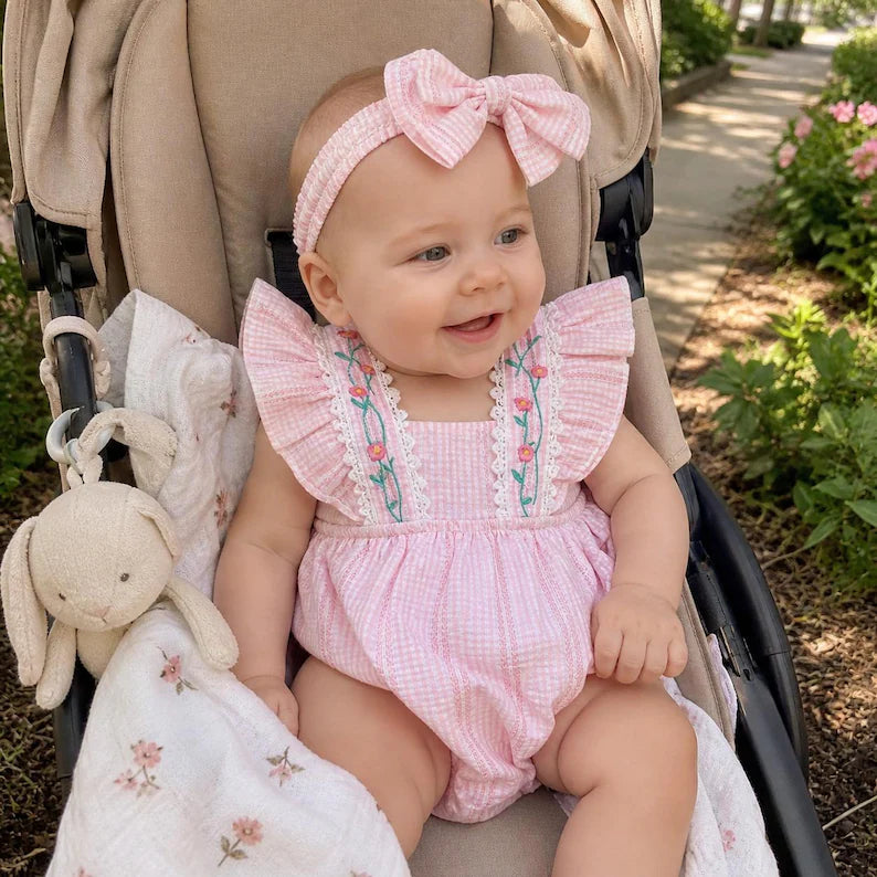 2PCS Lovely Floral Embroidery Flutter Sleeve Baby Romper
